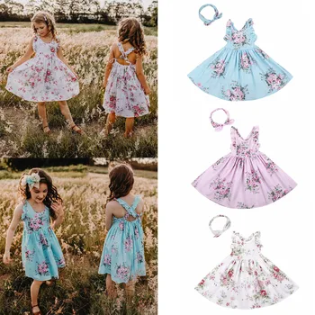 אירופה, שמלות קיץ כותנה מודפס שמלות של ילדים ללא שרוולים פרע שולי תוספת זמן שולי שמלת ילדה